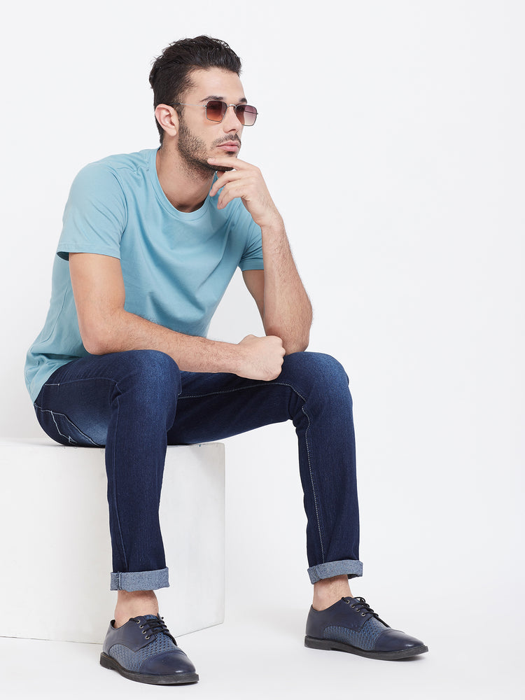 Men Blue Solid Round Neck T-shirt - JUMP USA
