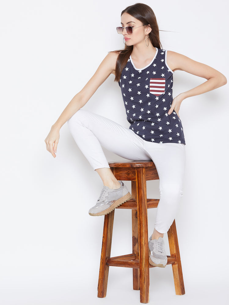 JUMP USA Women Navy Blue Printed Casual Printed Tank Top - JUMP USA