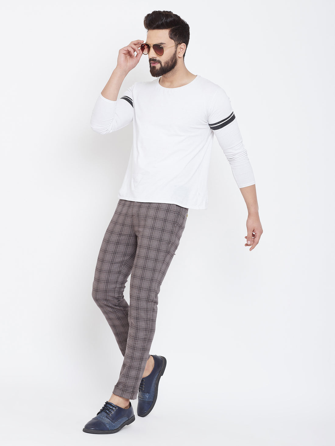 JUMP USA Men Grey Check Slim Fit Cotton Casual Trousers - JUMP USA