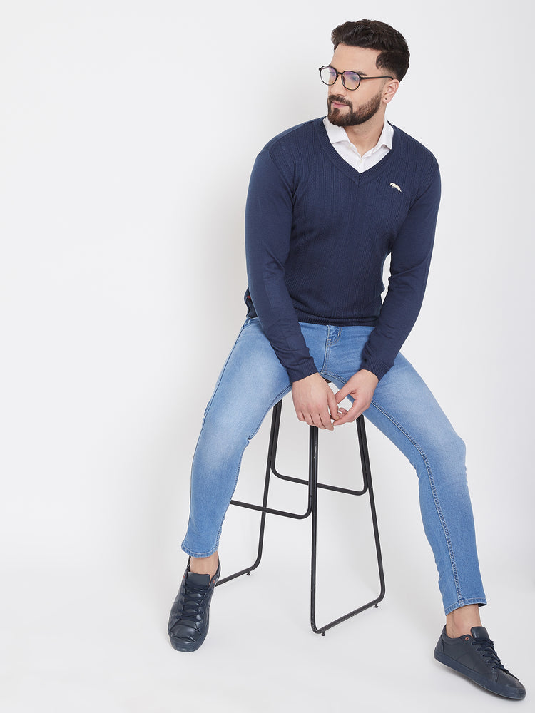 JUMP USA Men Navy Blue Self Design Sweater - JUMP USA