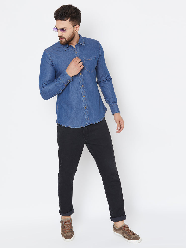 Men Dark Blue Washed Slim Fit Casual Shirt - JUMP USA