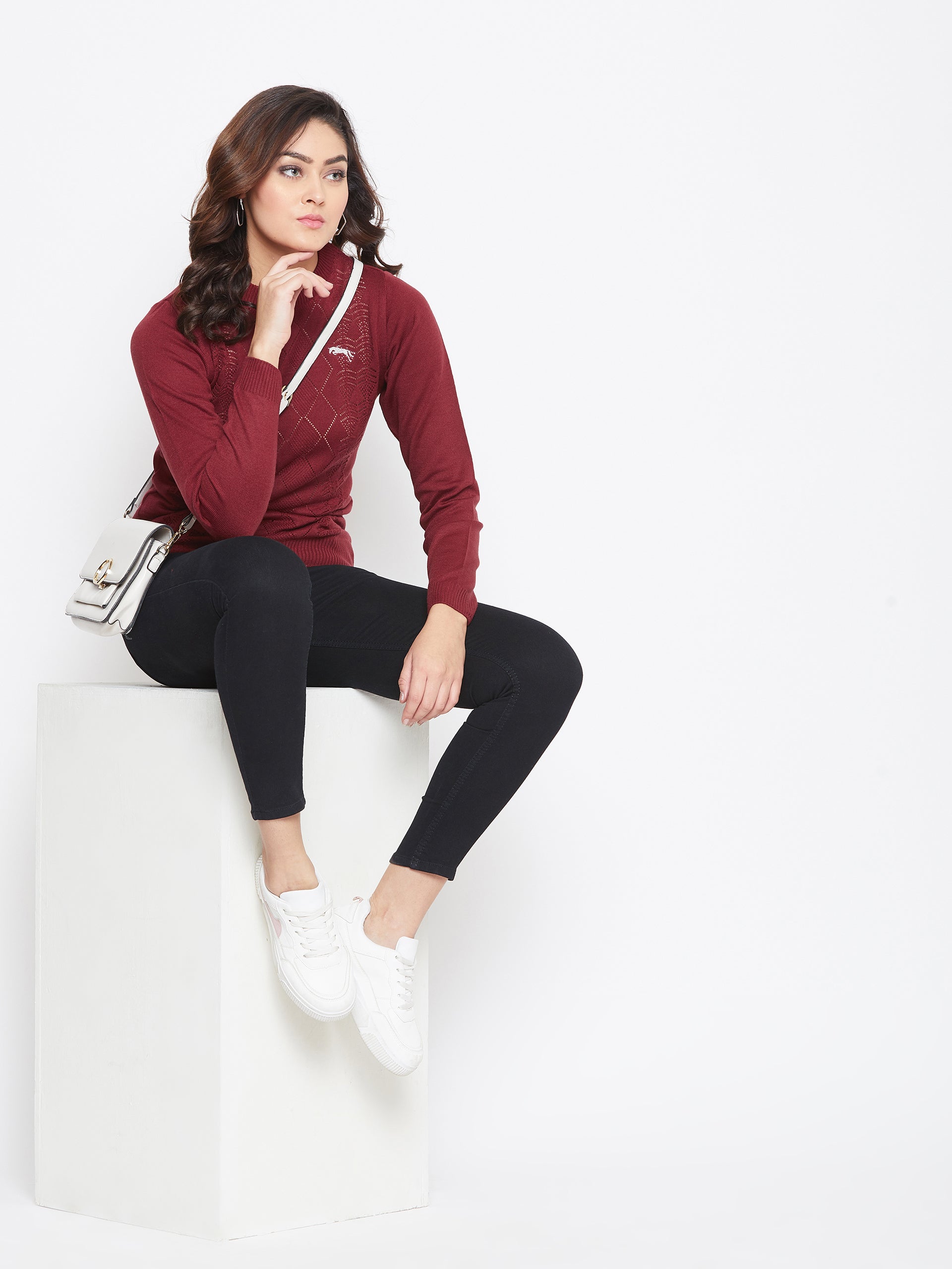 JUMP USA Women Red Self Design Sweater - JUMP USA