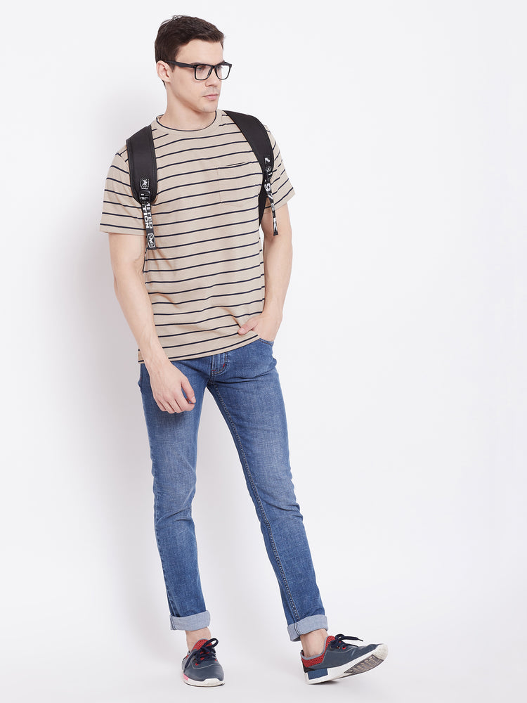 JUMP USA Men Beige Striped Round Neck T-shirt - JUMP USA
