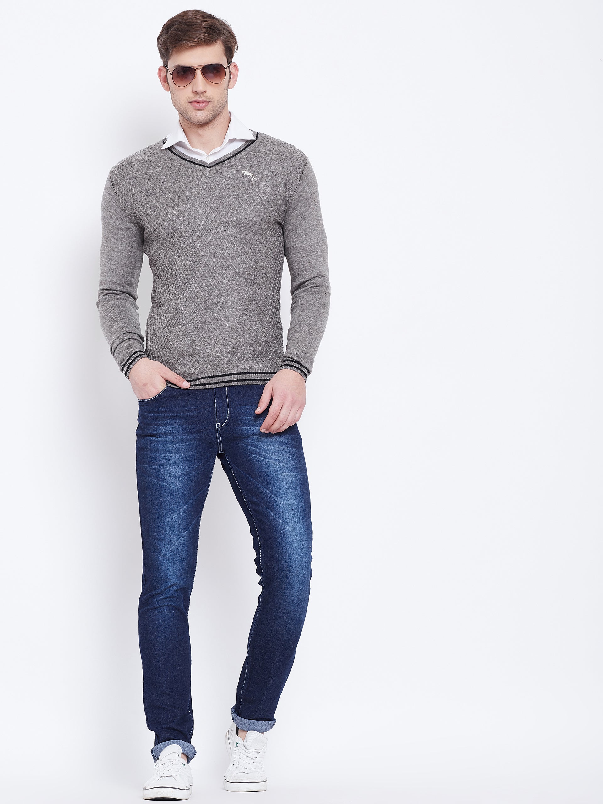 JUMP USA Men Beige Self Design Sweater - JUMP USA