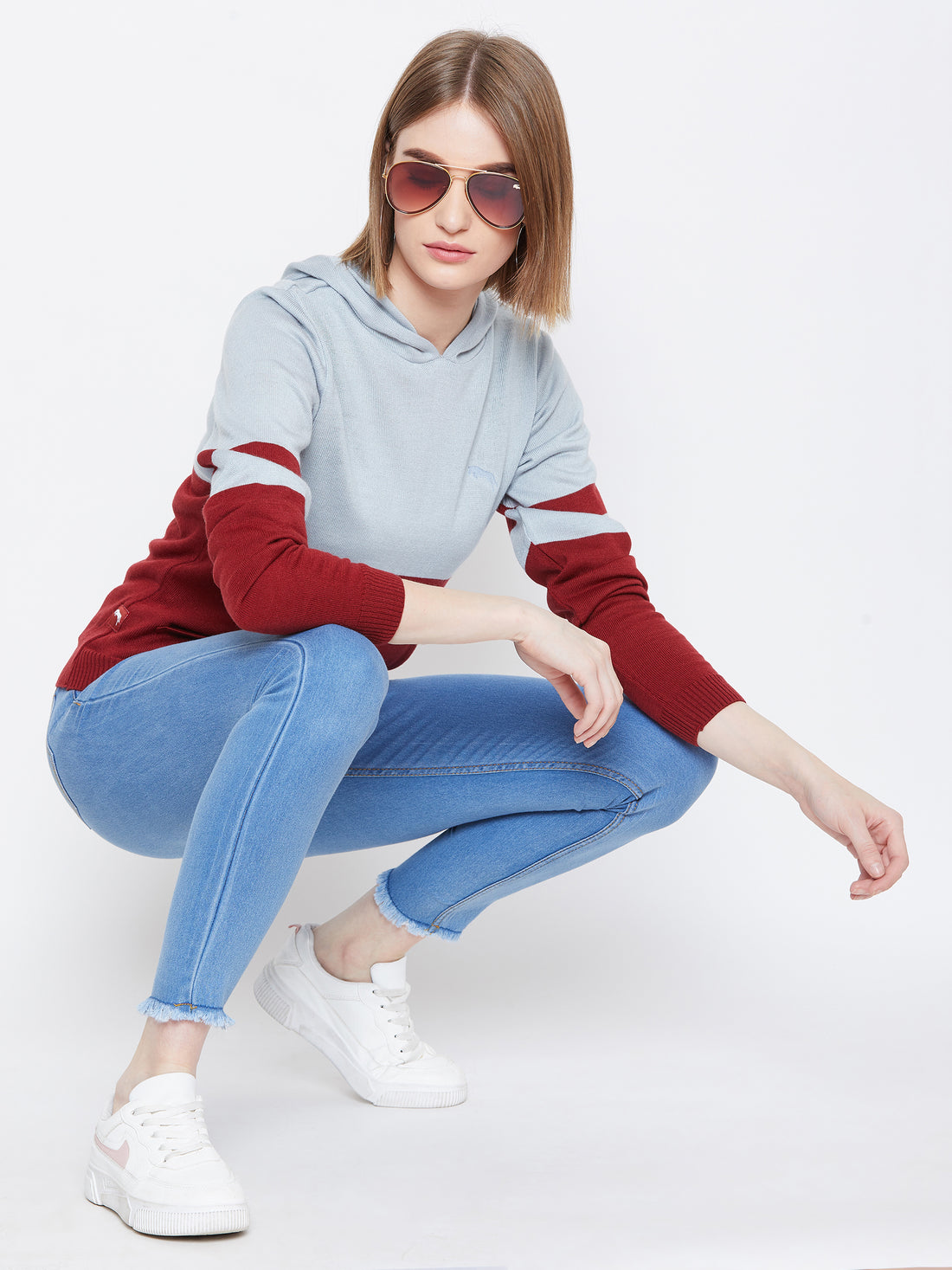 JUMP USA Women Blue & Red Colourblocked Hooded Sweater - JUMP USA