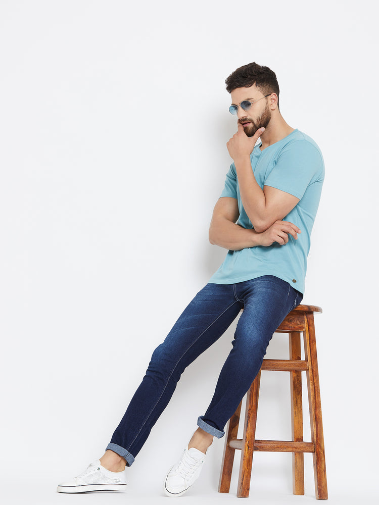 Men Blue Solid V Neck T-shirt - JUMP USA