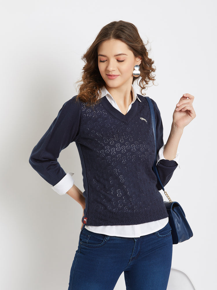 JUMP USA Women Navy Blue Self Design Sweater