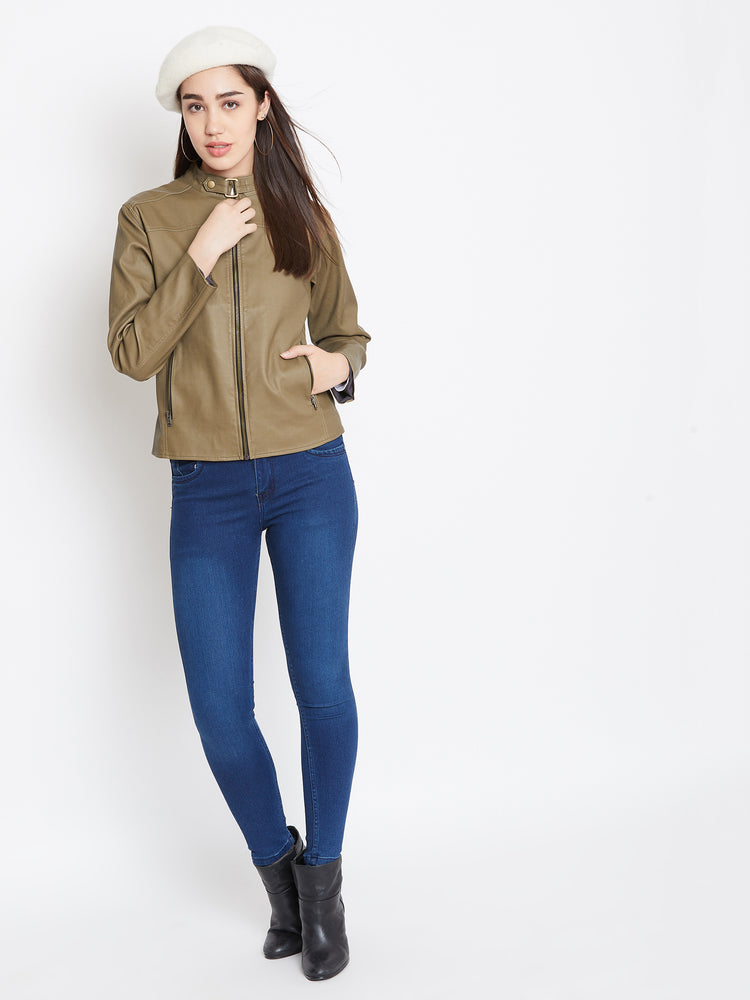 JUMP USA Women Khaki Solid Biker Jacket - JUMP USA