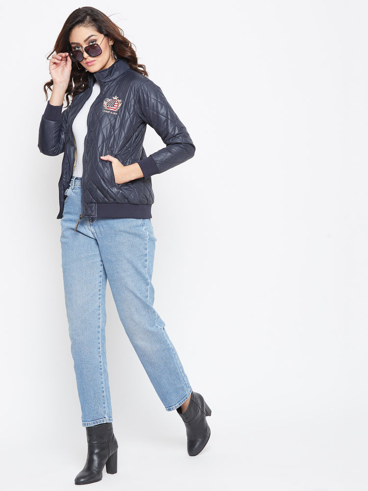 JUMP USA Women Navy Blue Self Design Jacket - JUMP USA