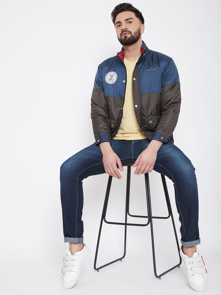 JUMP USA Men Navy Blue Colourblocked Casual Open Front Jacket - JUMP USA