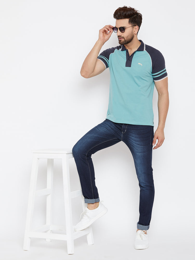 JUMP USA Men Blue Solid Polo Collar T-Shirt - JUMP USA