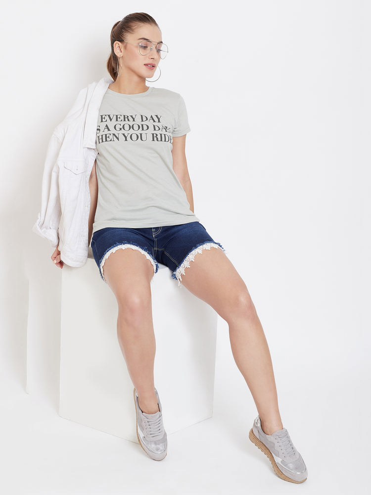 Women Grey Printed Casual Round neck T-shirt - JUMP USA