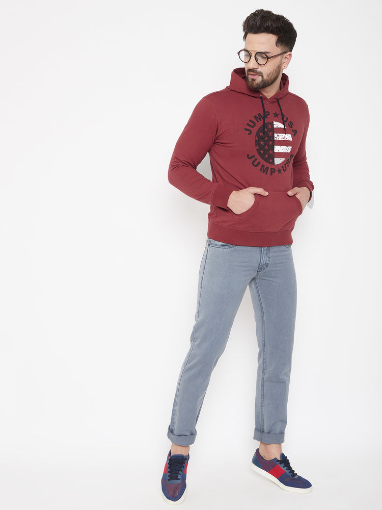 JUMP USA Men Red Self Design Hooded Pullover Sweatshirt - JUMP USA