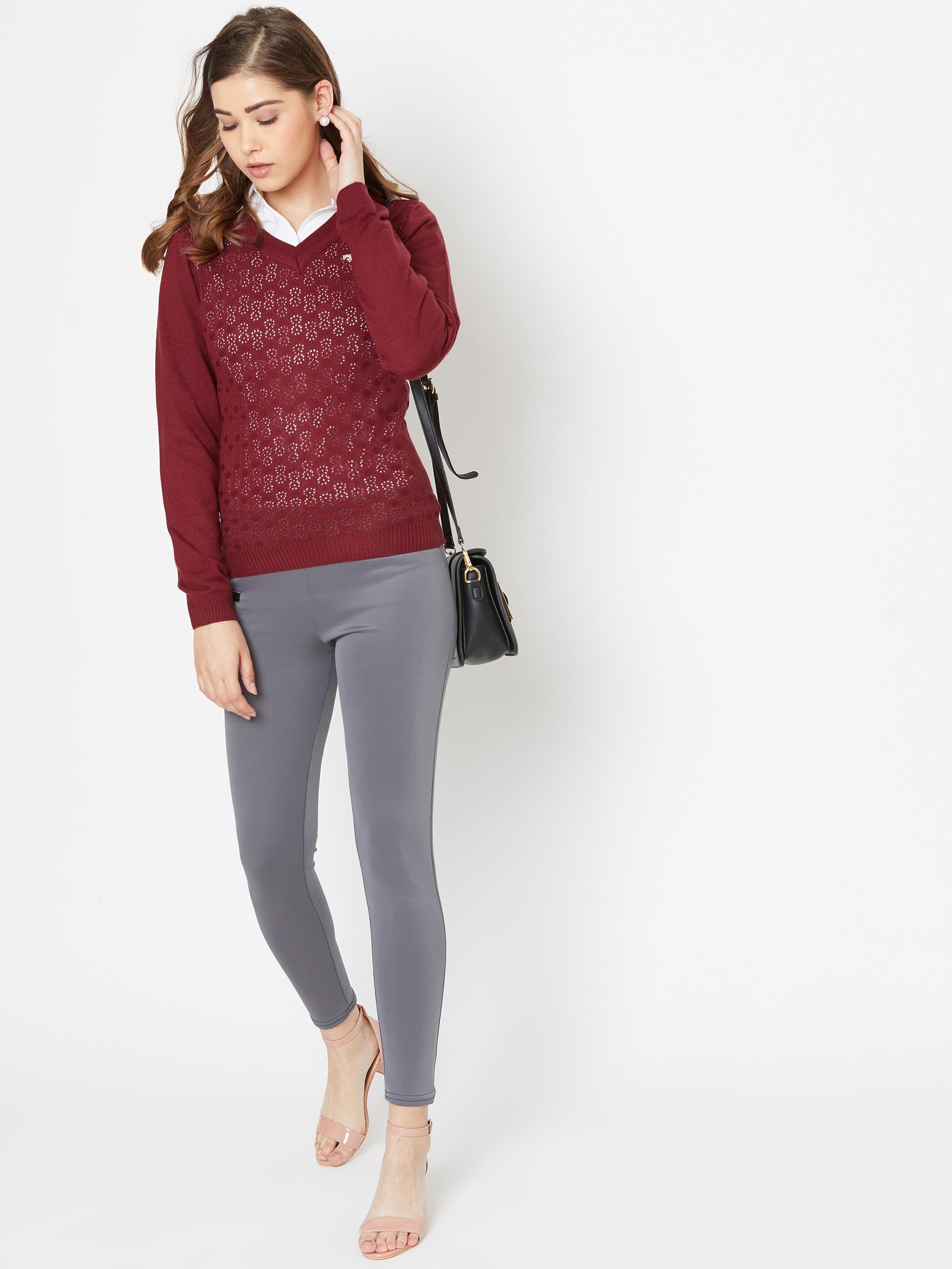 JUMP USA Women Red Self Design Sweater - JUMP USA