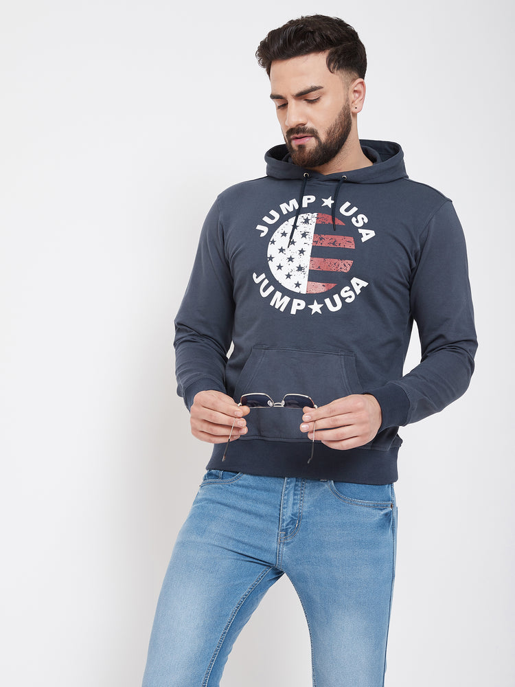 JUMP USA Men Navy Blue Self Design Hooded Sweatshirt - JUMP USA