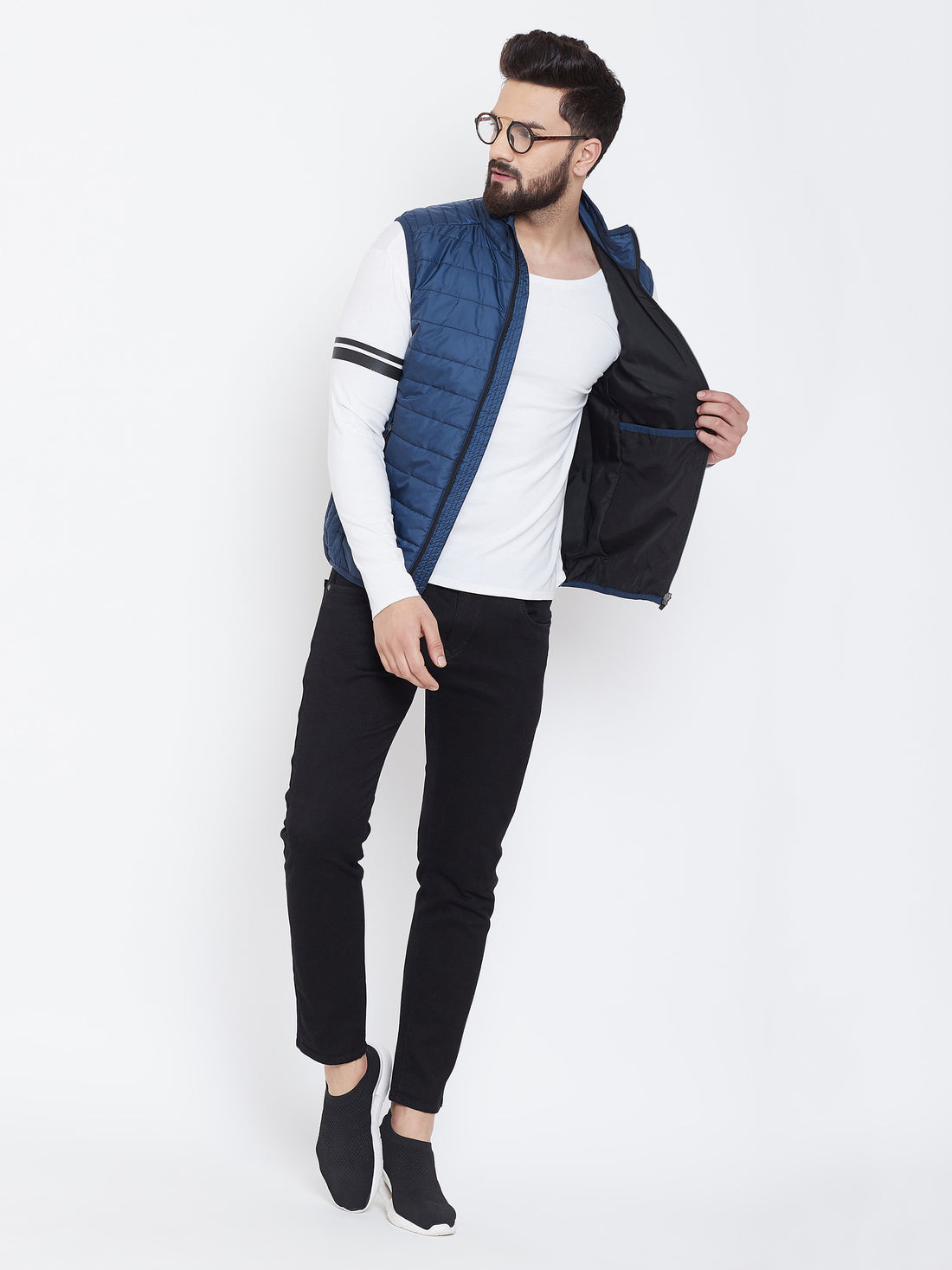 JUMP USA Men Blue Sleevless Solid Bomber Jacket - JUMP USA