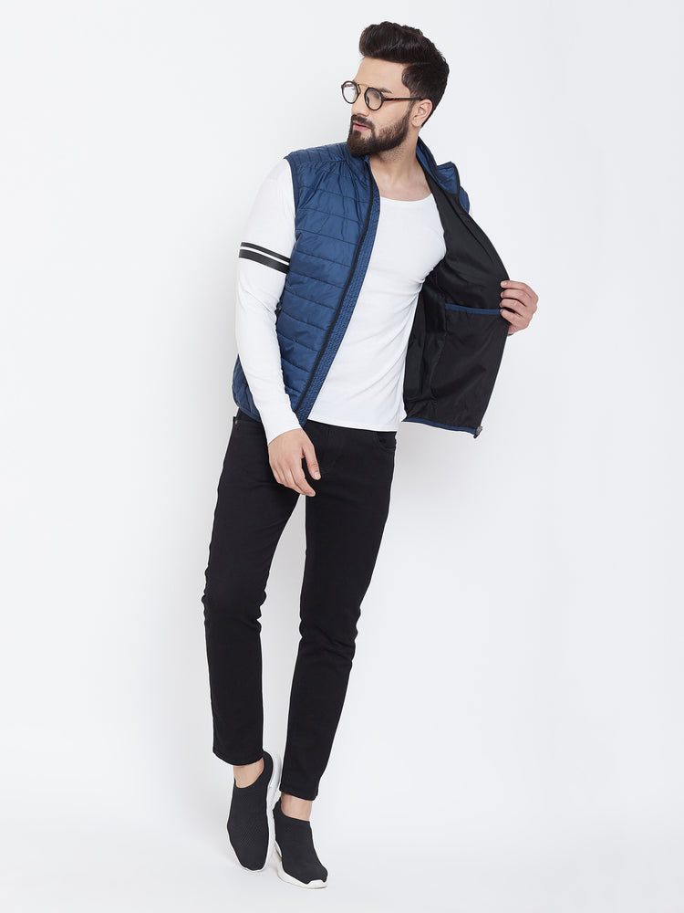 JUMP USA Men Blue Sleevless Solid Bomber Jacket - JUMP USA