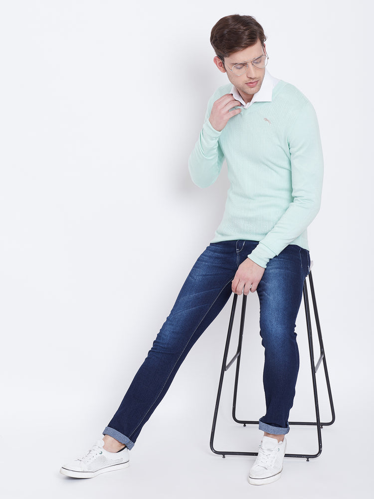 JUMP USA Men Teal Self Design Sweater - JUMP USA
