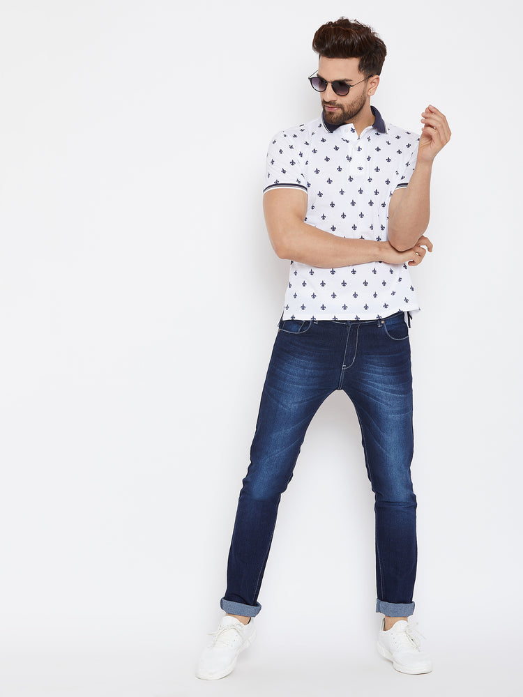 JUMP USA Men White Printed Polo Collar T-Shirt - JUMP USA