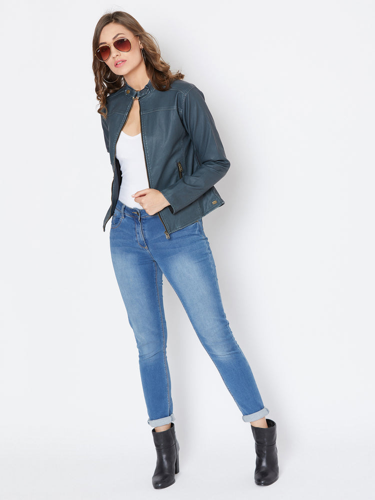 JUMP USA Women Olive Solid Casual Leather Jacket - JUMP USA