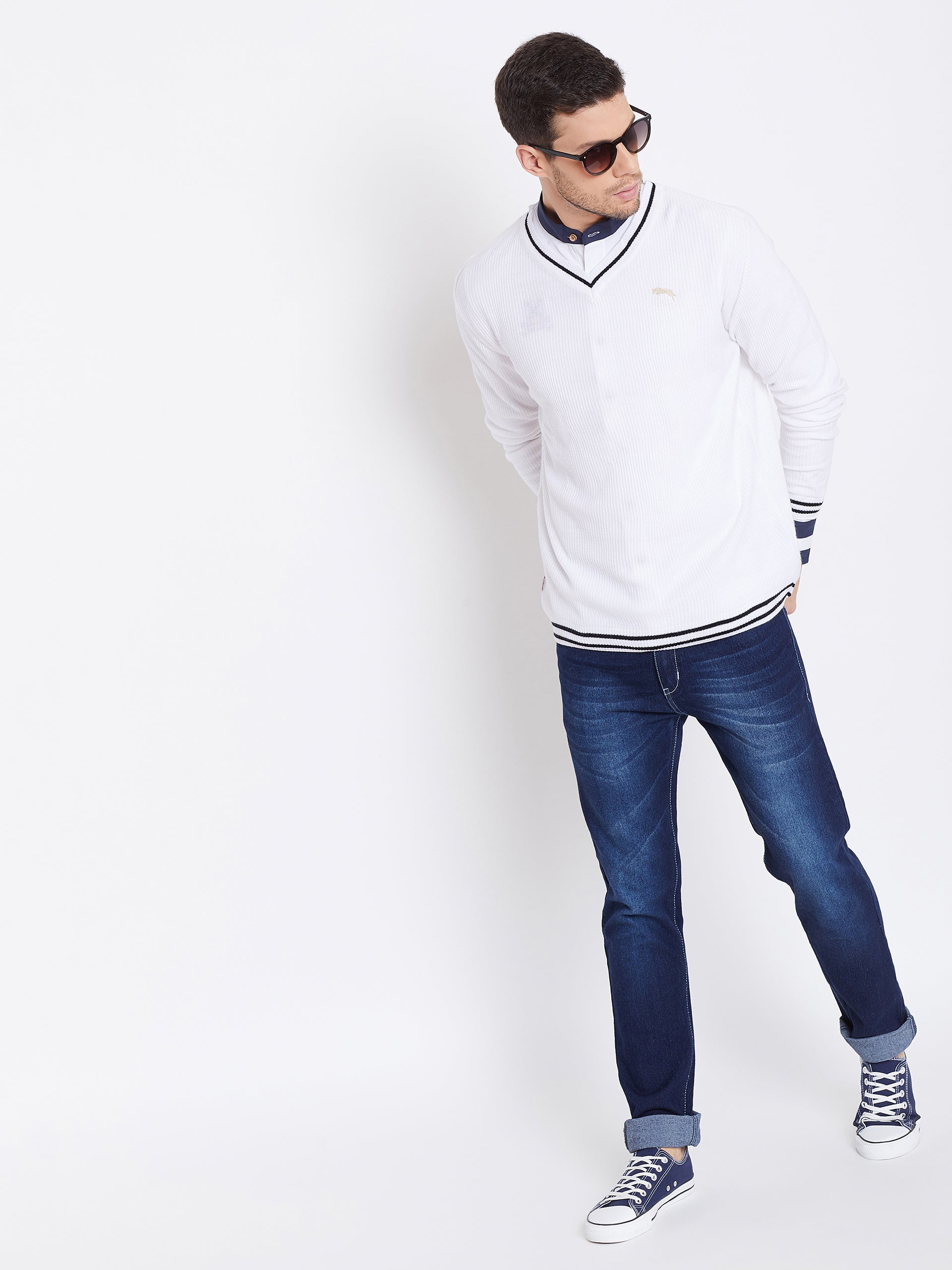 JUMP USA Men White Self Design Pullover - JUMP USA