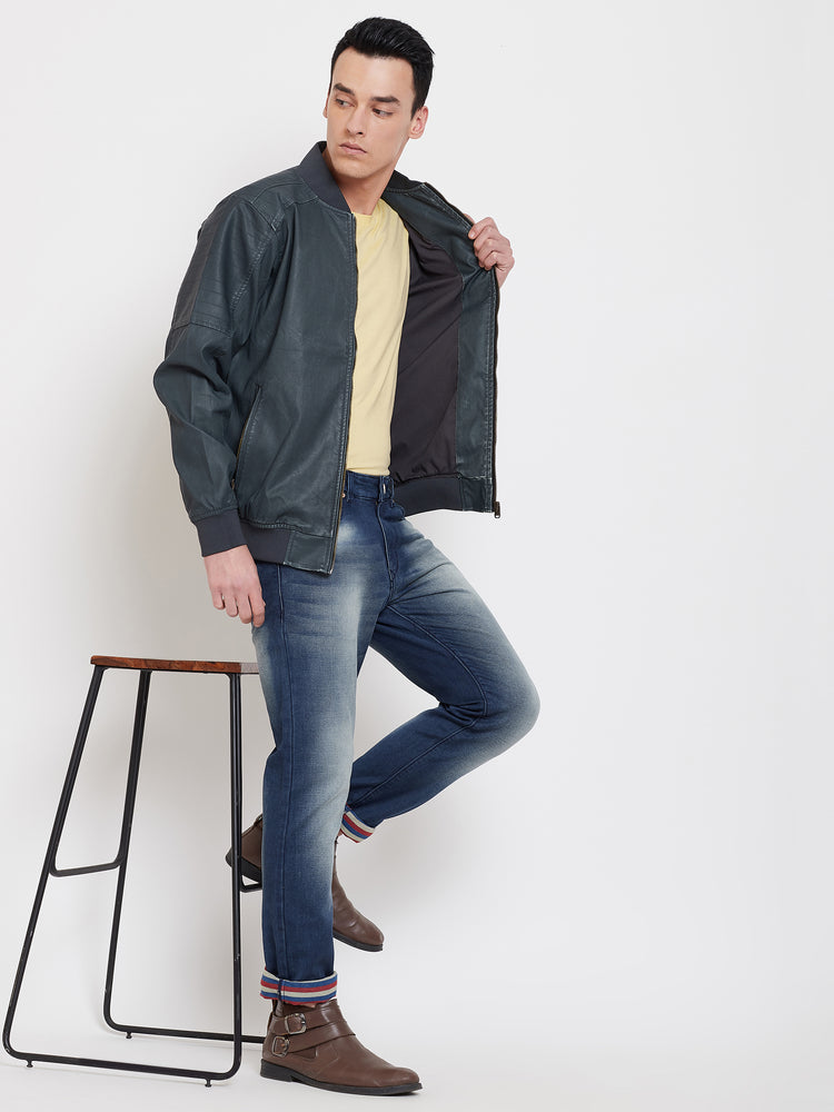JUMP USA Men Olive Solid Casual Biker Jacket - JUMP USA