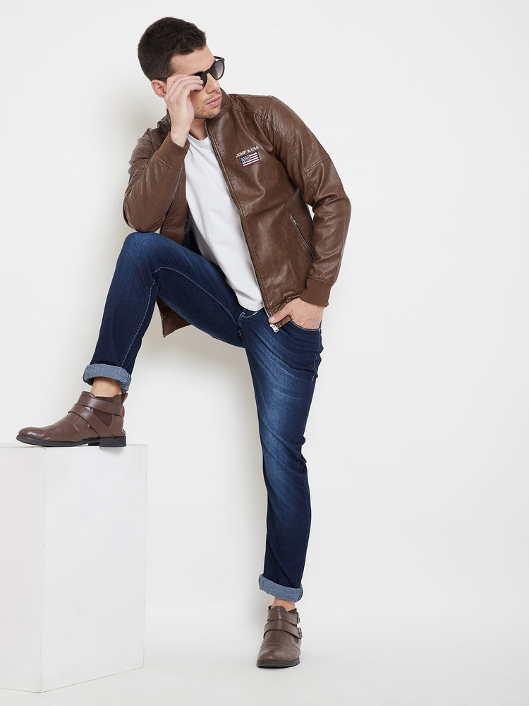JUMP USA Tan Solid Casual PU Leather Varsity Jacket - JUMP USA