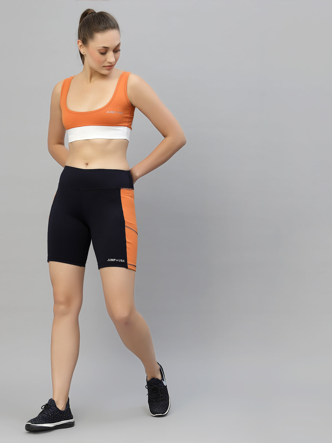 JUMP USA Women Navy Blue & Orange Rapid-Dry Fit Running Short Tights
