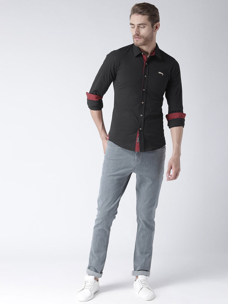 Men Black Slim Fit Solid Casual Shirt - JUMP USA (1568775143466)