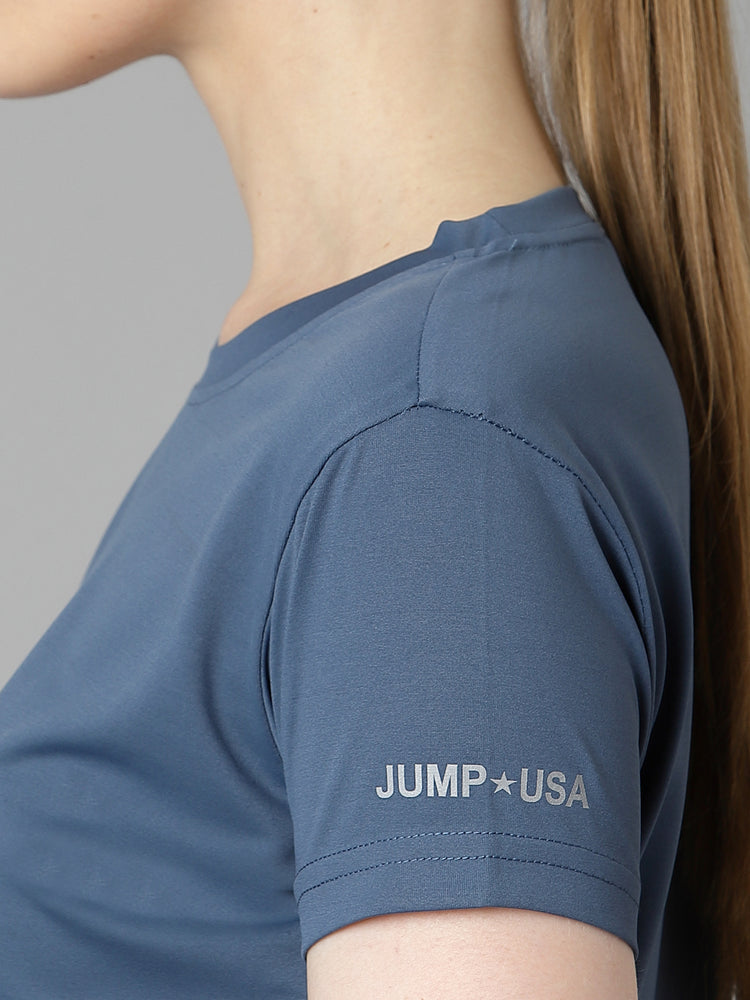 JUMP USA Women Ensign Blue Typography Printed Polyester T-shirt