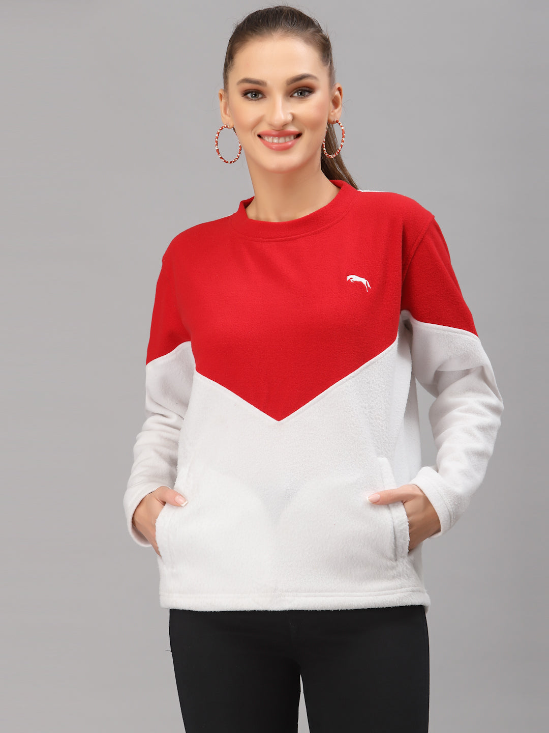 JUMP USA Women White Red Solid Active Wear Sweatshirt
