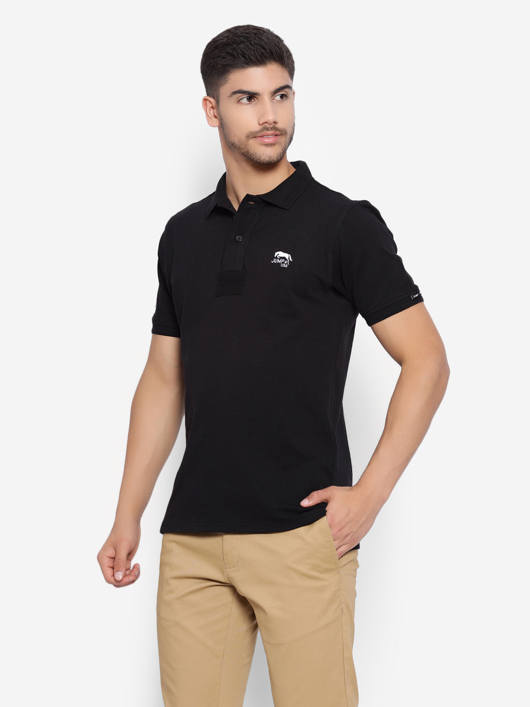 Men Black Solid Polo Neck T-shirt