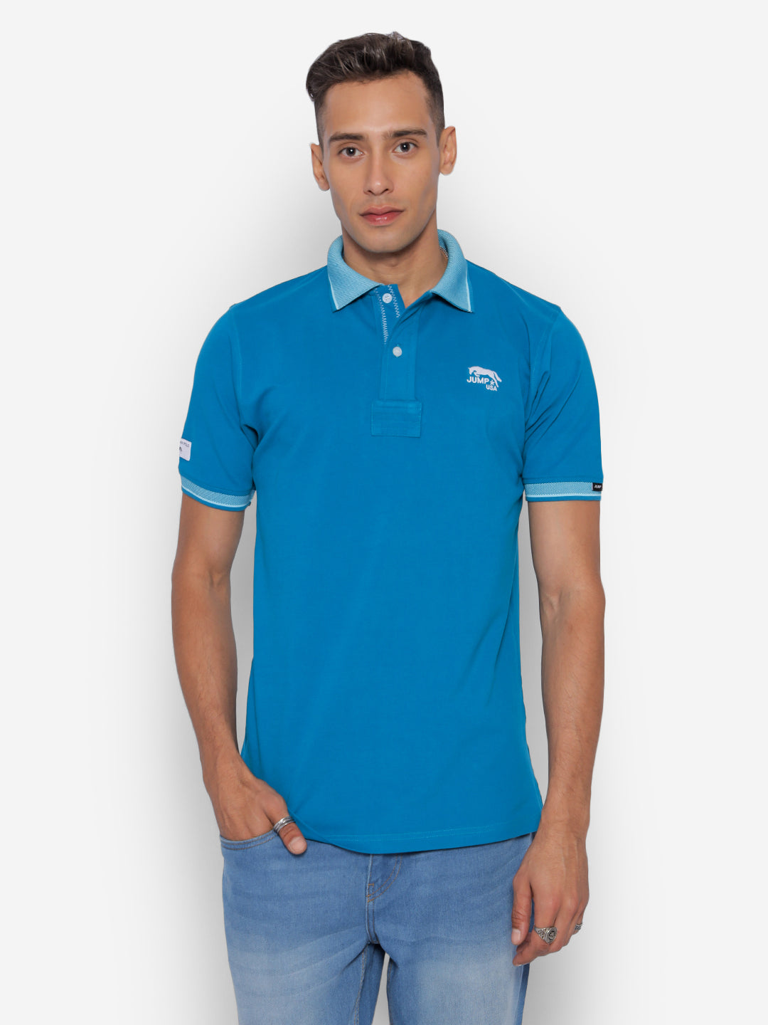 JUMP USA Men Ocean Blue Solid Polo Collar Pure Cotton T-shirt