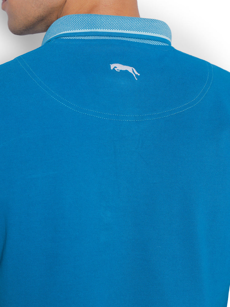 JUMP USA Men Ocean Blue Solid Polo Collar Pure Cotton T-shirt