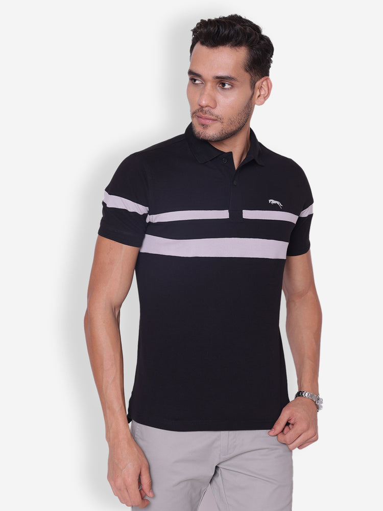 JUMP USA Men Black & Grey Polo Collar Cotton T-shirt