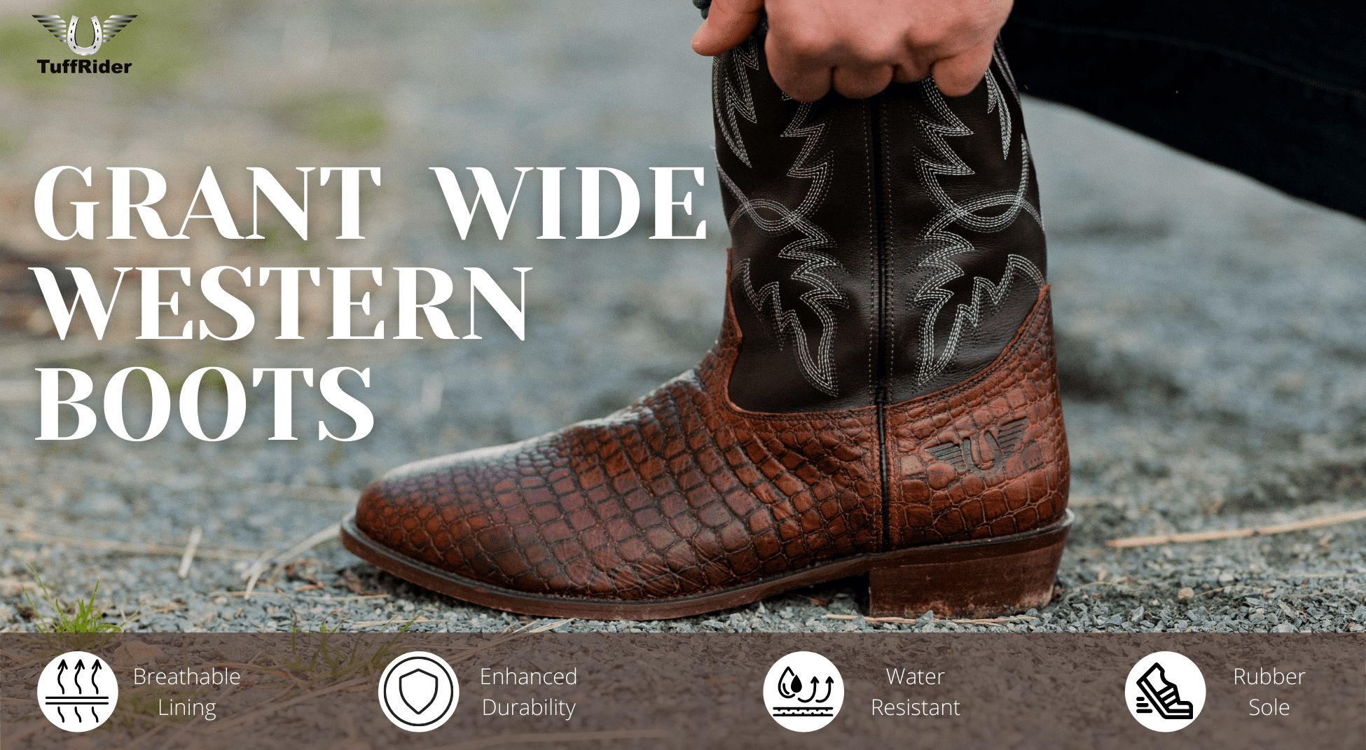 TuffRider Men's Grant Leather Cow Croco Printed Wide Square Toe Western Boots - Breeches.com