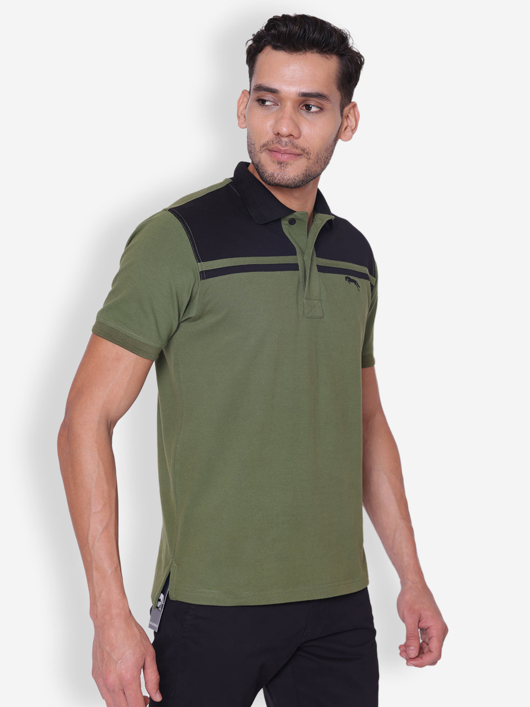 JUMP USA Men Solid Green & Black Polo Collar Cotton T-shirt