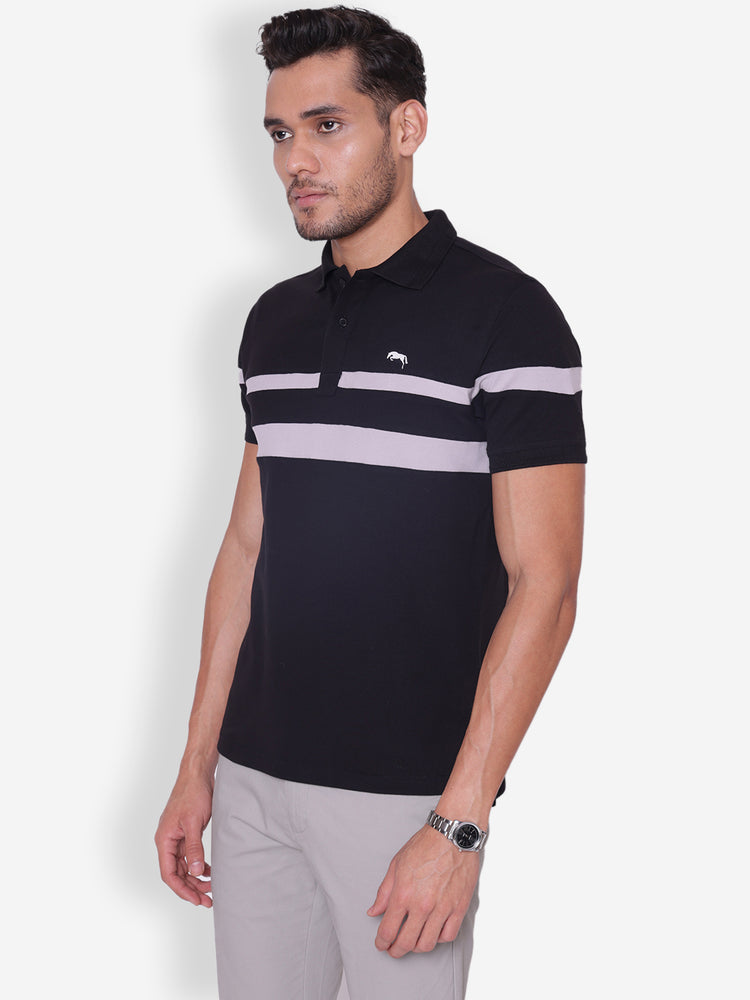 JUMP USA Men Black & Grey Polo Collar Cotton T-shirt