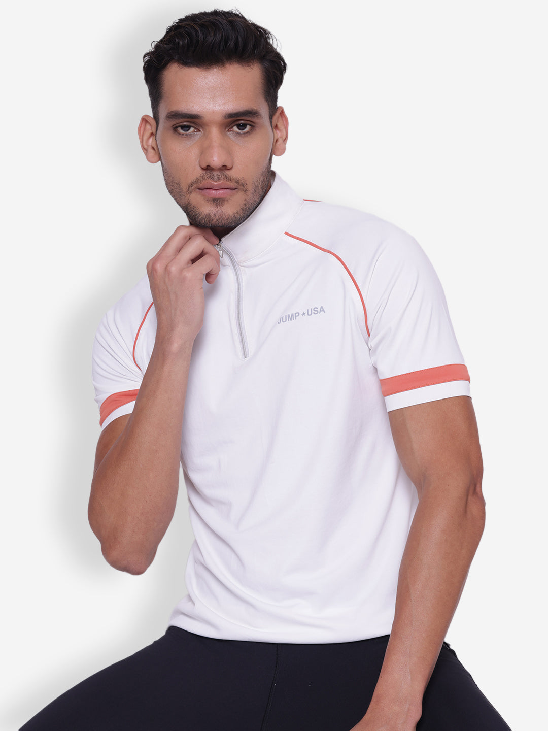 JUMP USA Mens White & Coral High Neck T-shirt