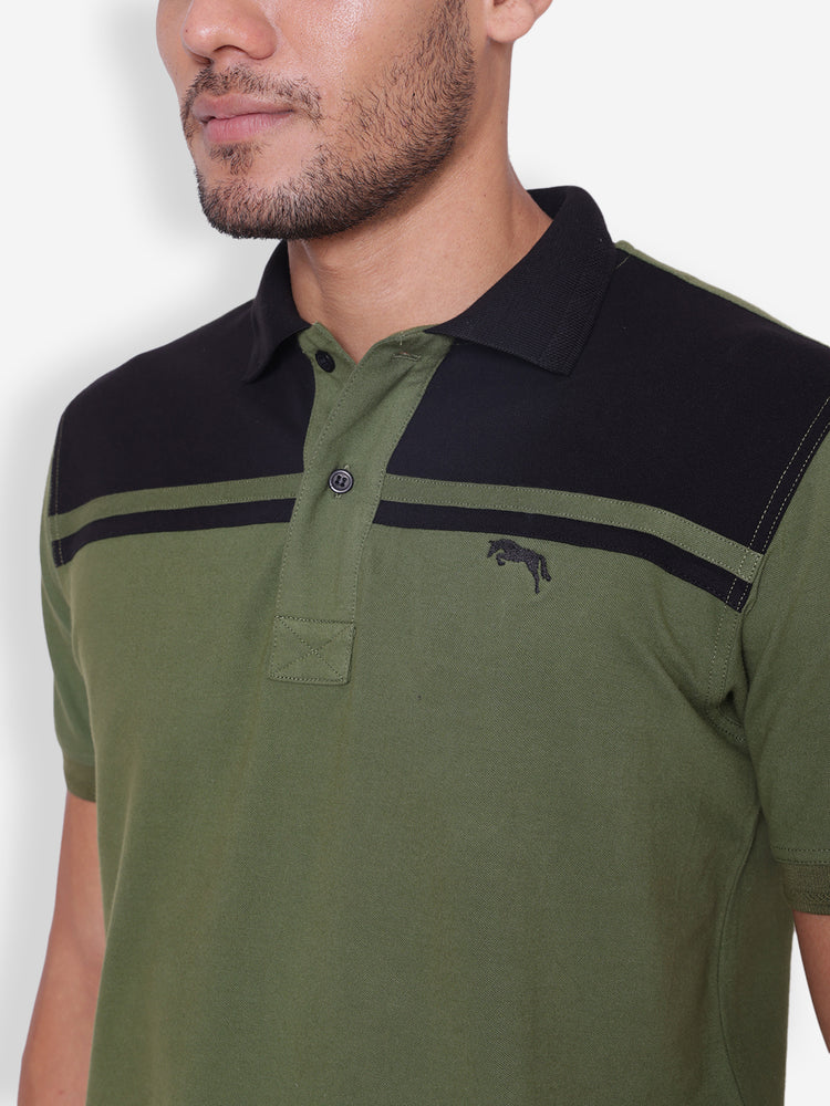JUMP USA Men Solid Green & Black Polo Collar Cotton T-shirt