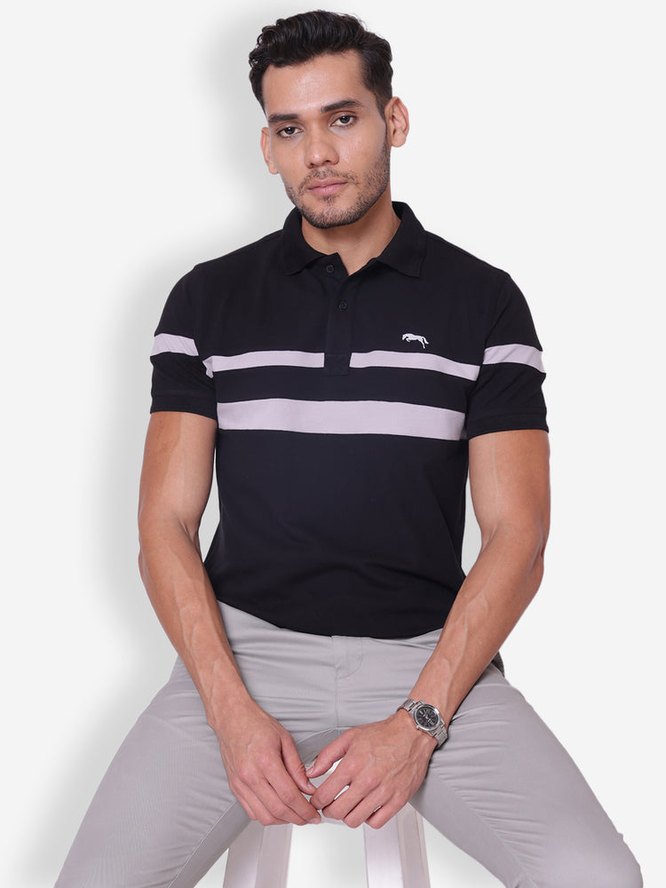 JUMP USA Men Black & Grey Polo Collar Cotton T-shirt