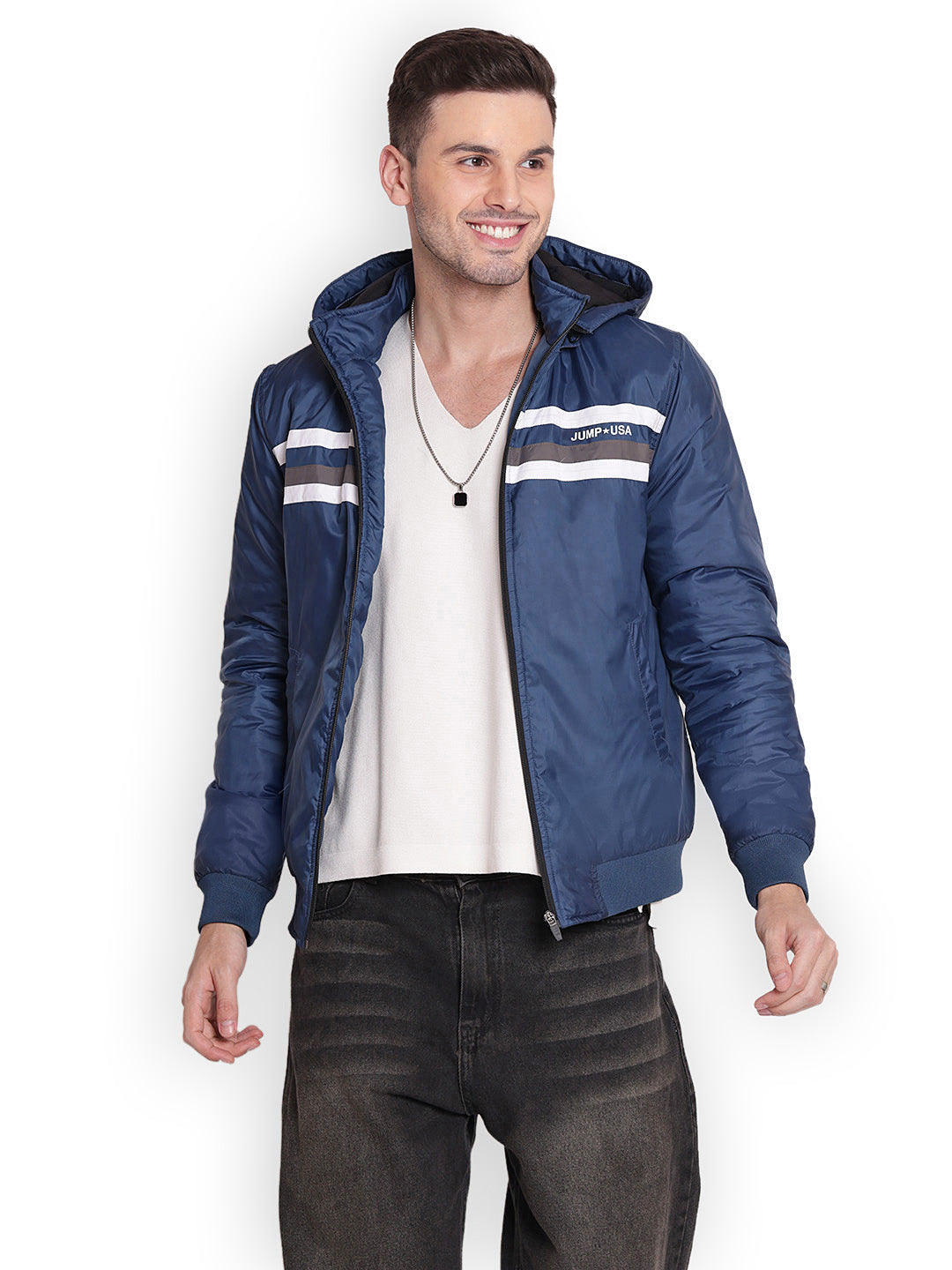 JUMP USA Men DENIM BLUE Rapid-Dry Solid Sporty Jackets With Hood