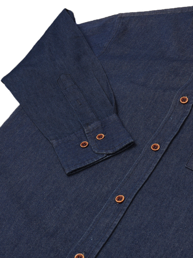 JUMP USA Men’s Dark Blue Denim Regular Fit Full Sleeve Mandarin Collar Shirt