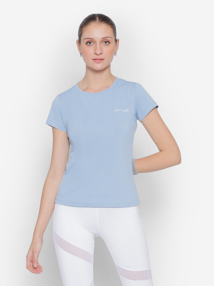 JUMP USA Blue Yoga Women Solid Rapid Dry Cut Out Sustainable Tshirt