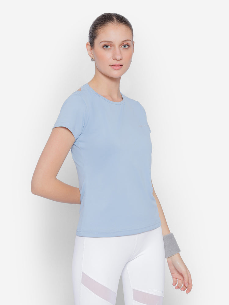 JUMP USA Blue Yoga Women Solid Rapid Dry Cut Out Sustainable Tshirt