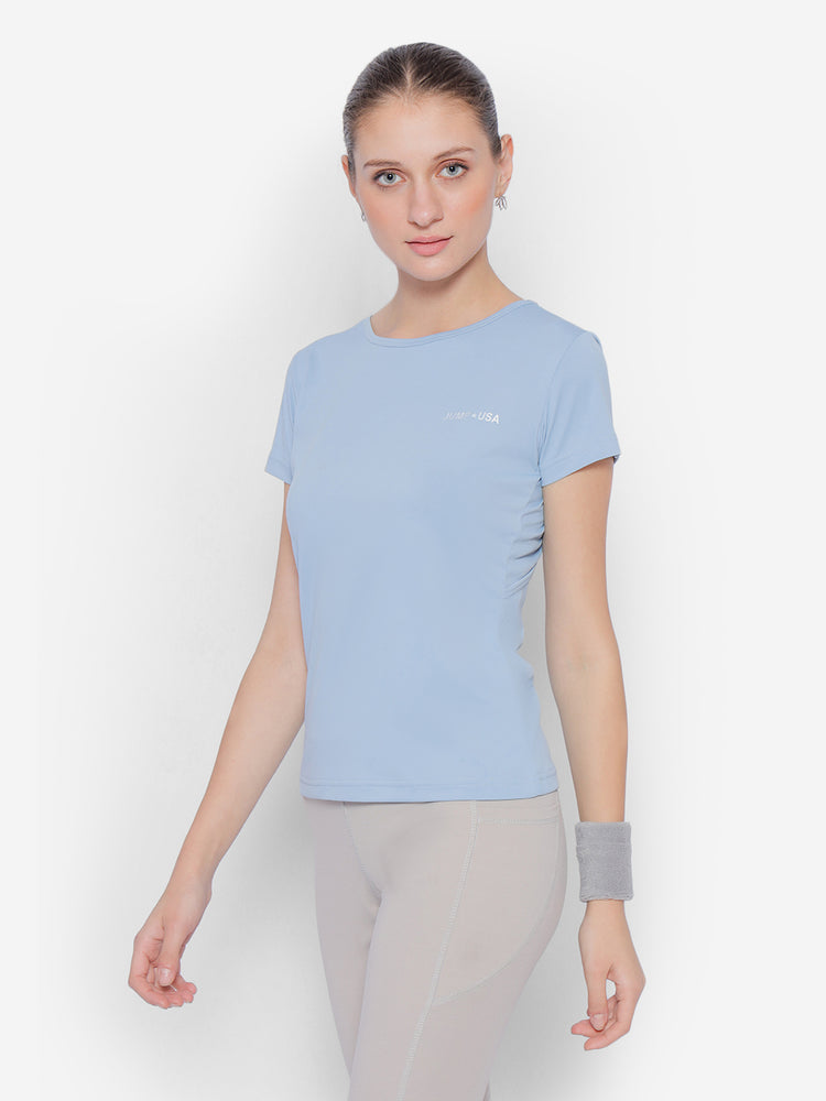 JUMP USA Yoga Blue Women Solid Rapid Dry Cut Out Sustainable T-shirt