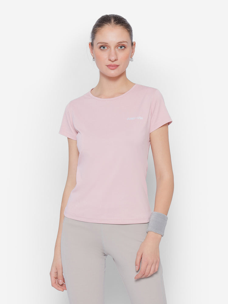 JUMP USA Petal Pink Yoga Women Solid Rapid Dry Cut Out Sustainable T-shirt