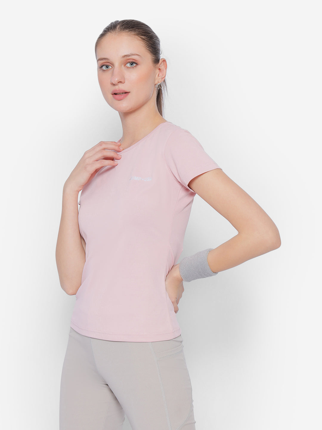 JUMP USA Yoga Women Solid Rapid Dry Cut Out Sustainable T-shirt