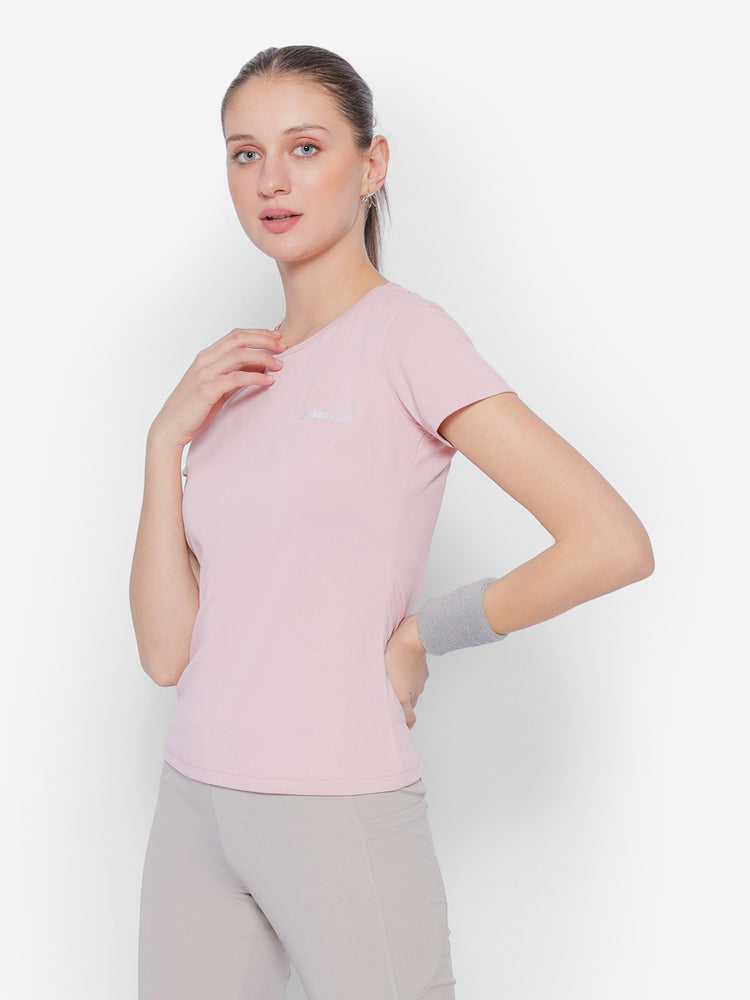 JUMP USA Petal Pink Yoga Women Solid Rapid Dry Cut Out Sustainable T-shirt