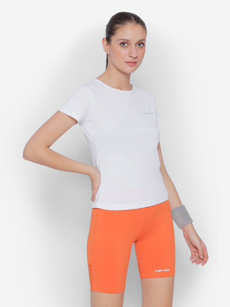 JUMP USA White Yoga Women Solid Rapid Dry Cut Out Sustainable T-shirt
